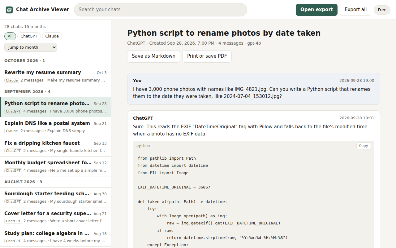Chat Archive Viewer showing all chats grouped by month on the left and a chat with a Python code block on the right
