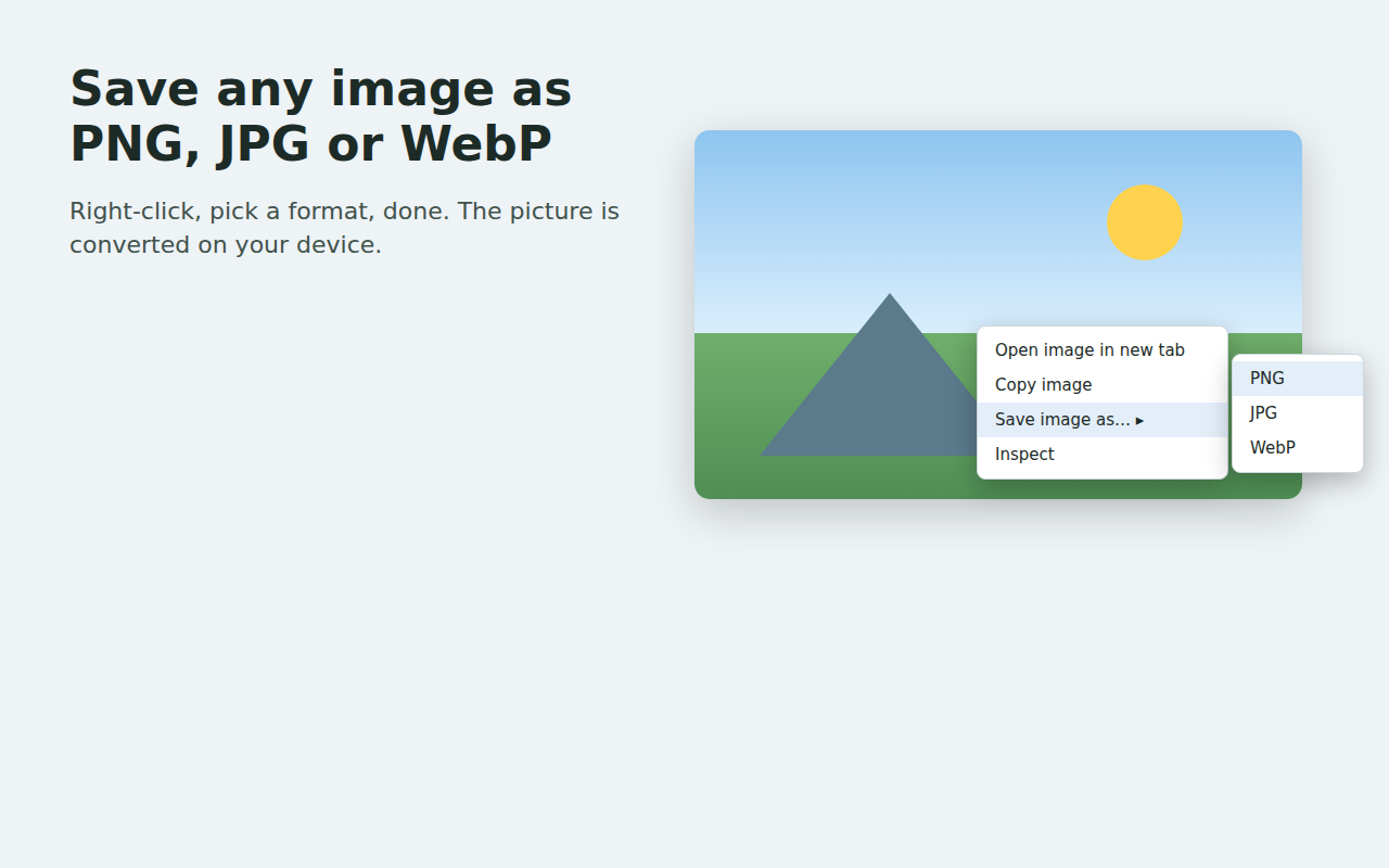 A right-click menu on an image showing Save image as with PNG, JPG and WebP choices